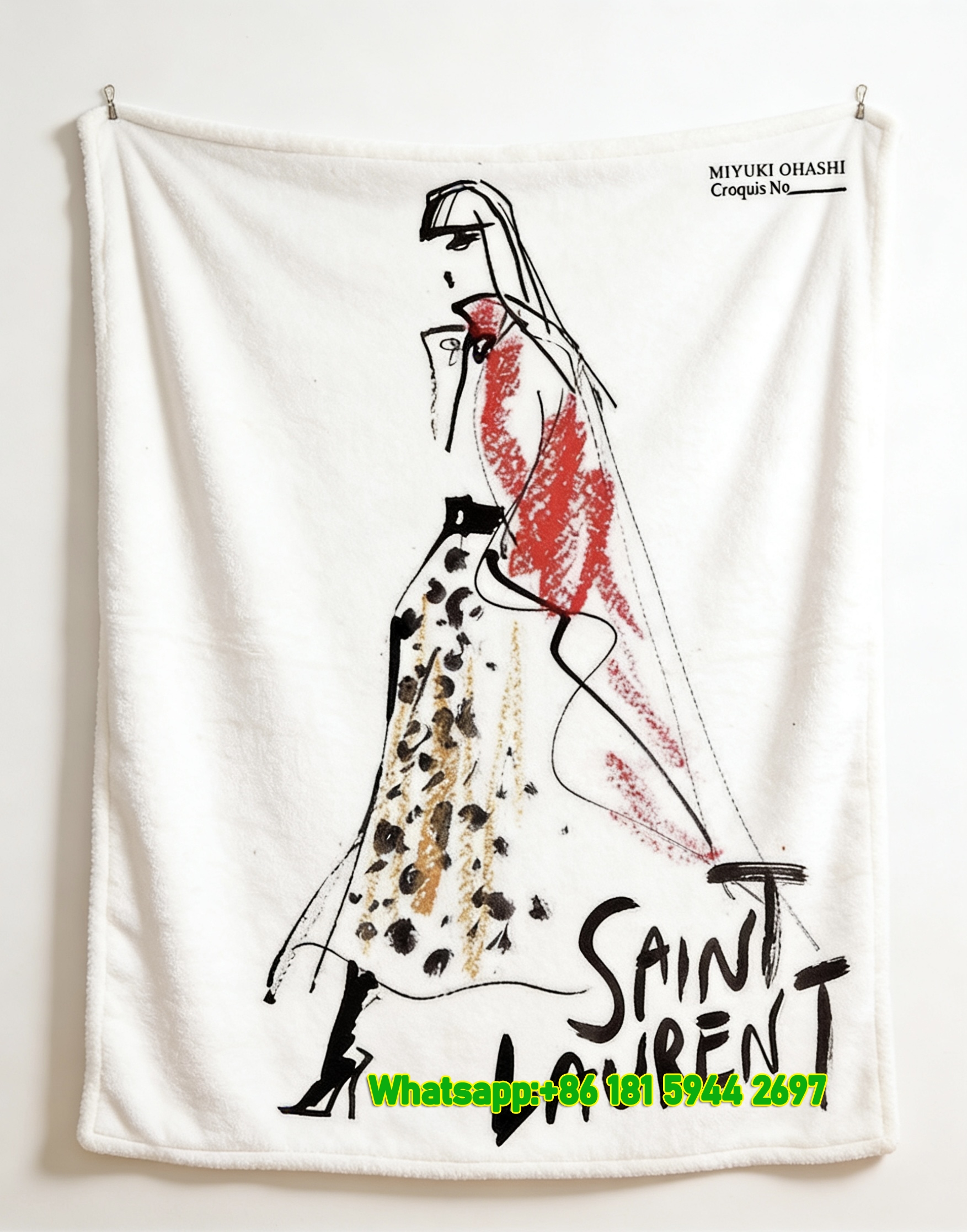 Yves Saint Laurent YSL Red Black and White Fashion Sketch Print Flannel Throw Blanket IMG_3282